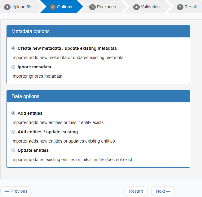 Options Upload file screen